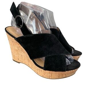 Franco Sarto Platform Wedge Heels Black Suede Upper Straps Cork Wedge Size 8